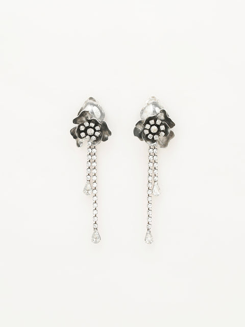 antique silver flower and crystal drop earring