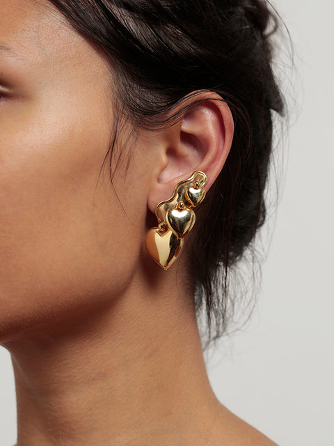 triple golden hearts earrings